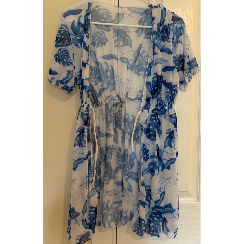 Blue White Tropical Monstera Sheer Chiffon Beach Cover Up Dress Short Sleeve S